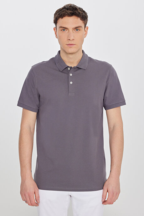 %100 Pamuk Slim Fit Dar Kesim Polo Yaka Antrasit Tişört resmi
