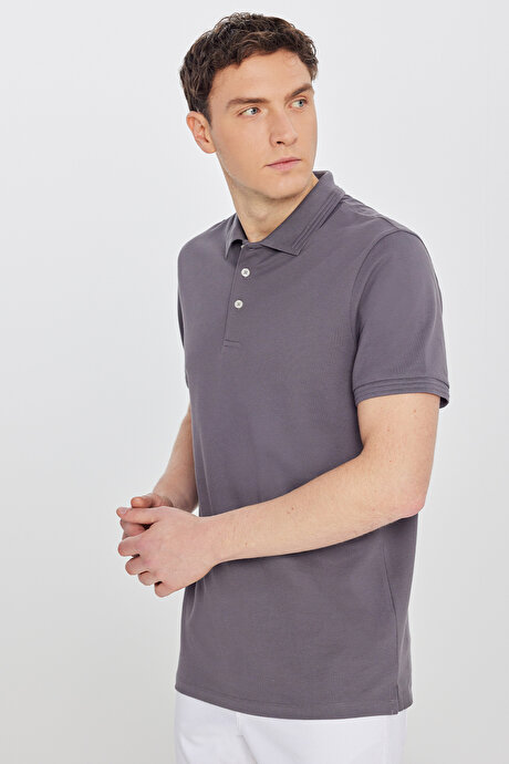 %100 Pamuk Slim Fit Dar Kesim Polo Yaka Antrasit Tişört resmi