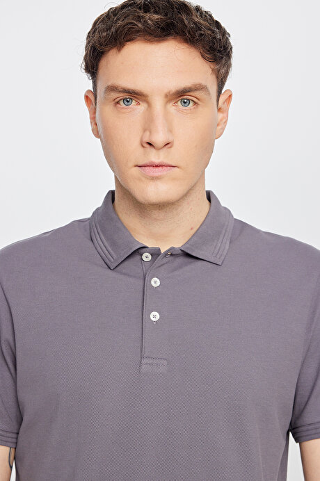 %100 Pamuk Slim Fit Dar Kesim Polo Yaka Antrasit Tişört resmi