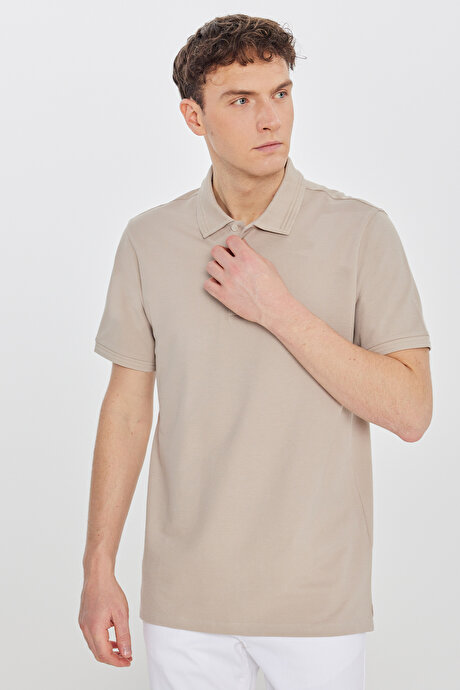 %100 Pamuk Slim Fit Dar Kesim Polo Yaka Bej Tişört resmi