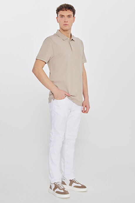 %100 Pamuk Slim Fit Dar Kesim Polo Yaka Bej Tişört resmi