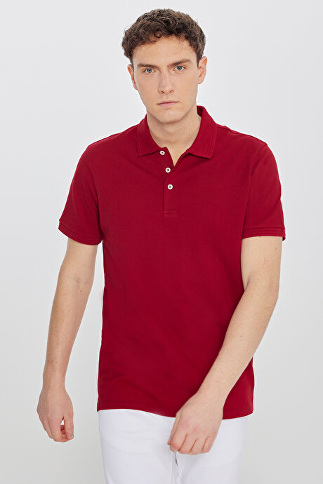 %100 Pamuk Slim Fit Dar Kesim Polo Yaka Bordo Tişört resmi