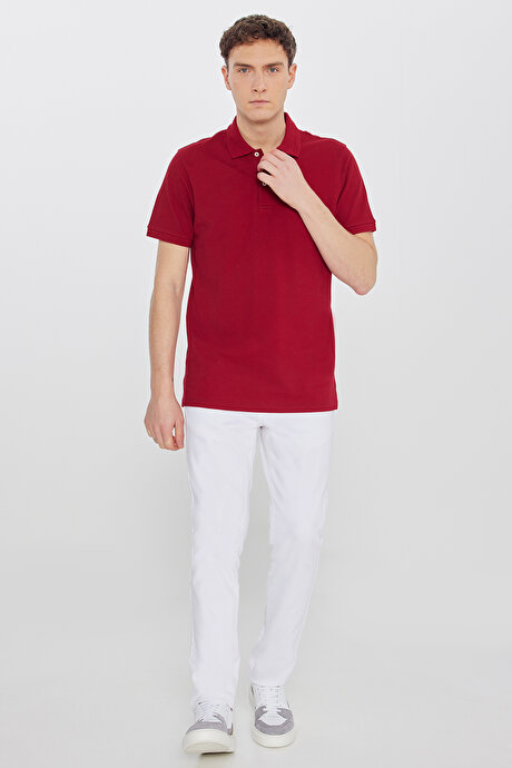 %100 Pamuk Slim Fit Dar Kesim Polo Yaka Bordo Tişört resmi
