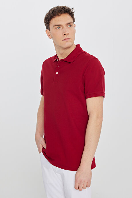 %100 Pamuk Slim Fit Dar Kesim Polo Yaka Bordo Tişört resmi