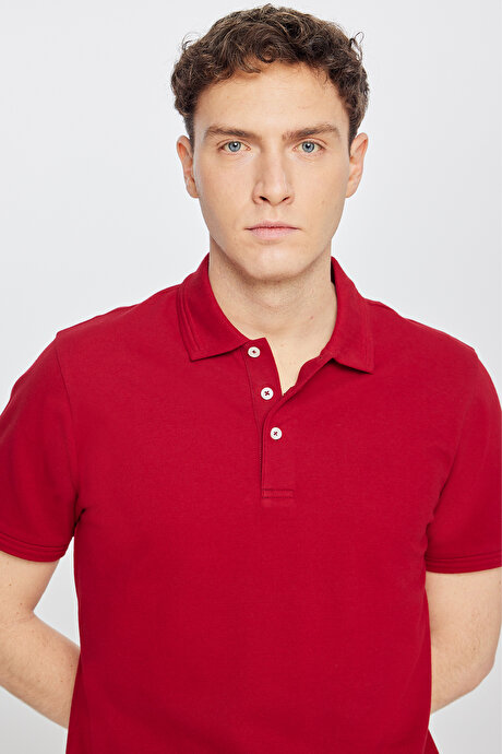 %100 Pamuk Slim Fit Dar Kesim Polo Yaka Bordo Tişört resmi