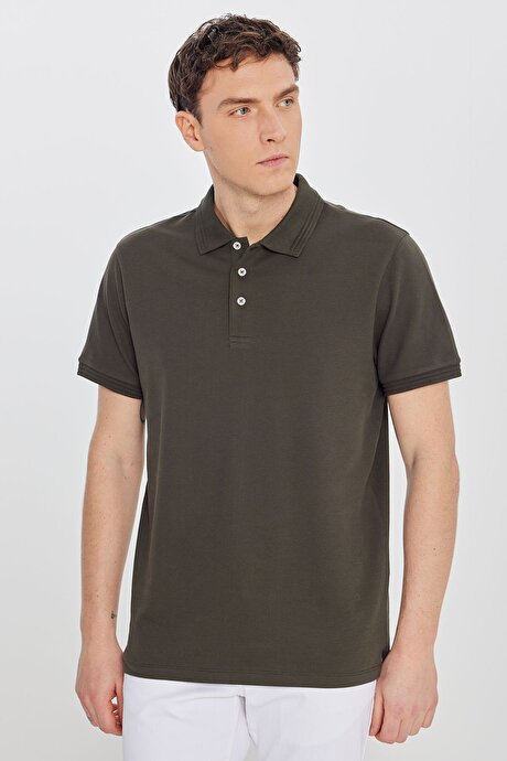 %100 Pamuk Slim Fit Dar Kesim Polo Yaka Haki Tişört resmi