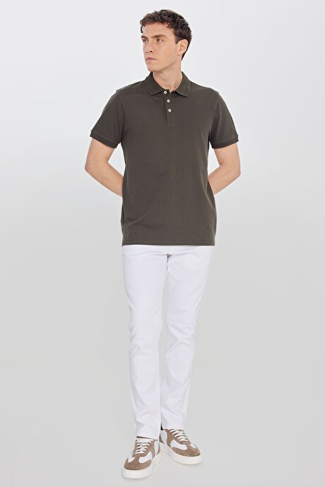 %100 Pamuk Slim Fit Dar Kesim Polo Yaka Haki Tişört resmi