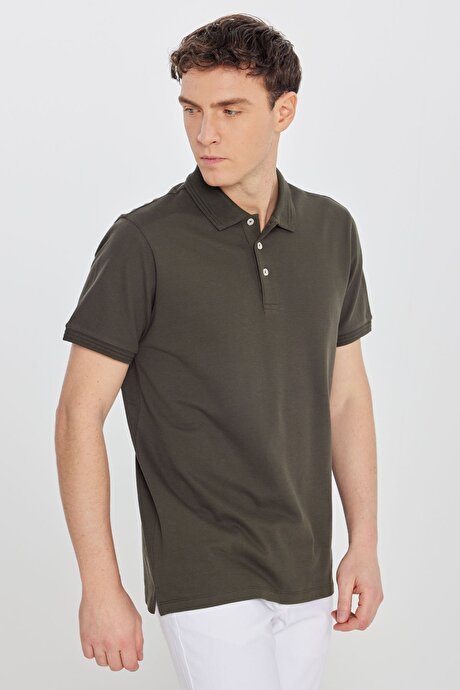%100 Pamuk Slim Fit Dar Kesim Polo Yaka Haki Tişört resmi