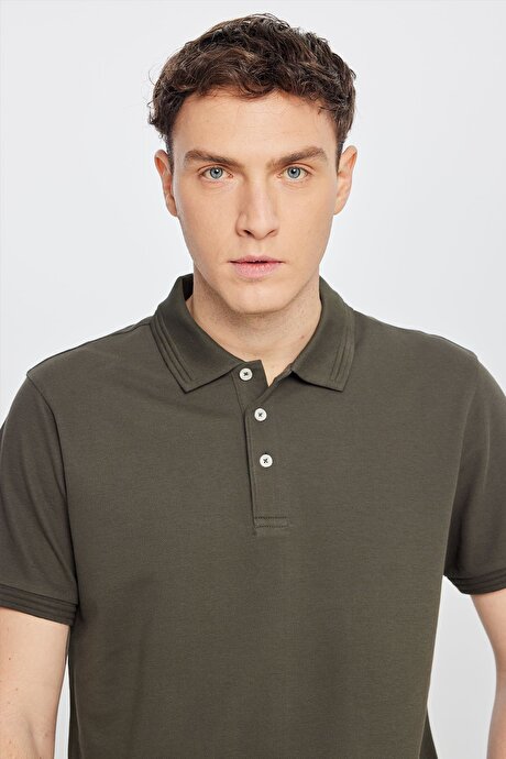 %100 Pamuk Slim Fit Dar Kesim Polo Yaka Haki Tişört resmi
