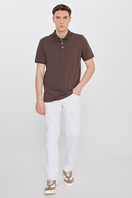 %100 Pamuk Slim Fit Dar Kesim Polo Yaka Kahverengi Tişört resmi
