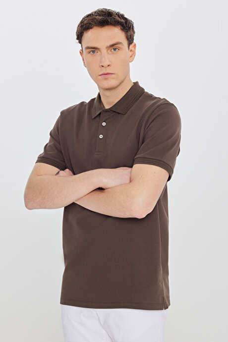%100 Pamuk Slim Fit Dar Kesim Polo Yaka Kahverengi Tişört resmi