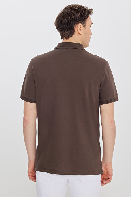 %100 Pamuk Slim Fit Dar Kesim Polo Yaka Kahverengi Tişört resmi