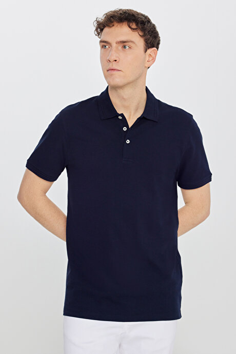%100 Pamuk Slim Fit Dar Kesim Polo Yaka Lacivert Tişört resmi