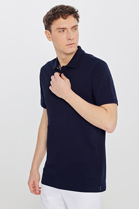 %100 Pamuk Slim Fit Dar Kesim Polo Yaka Lacivert Tişört resmi