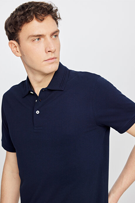 %100 Pamuk Slim Fit Dar Kesim Polo Yaka Lacivert Tişört resmi