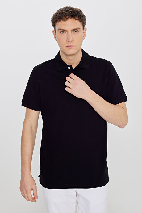 %100 Pamuk Slim Fit Dar Kesim Polo Yaka Siyah Tişört resmi