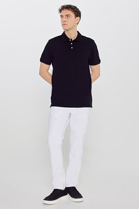 %100 Pamuk Slim Fit Dar Kesim Polo Yaka Siyah Tişört resmi