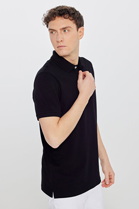 %100 Pamuk Slim Fit Dar Kesim Polo Yaka Siyah Tişört resmi
