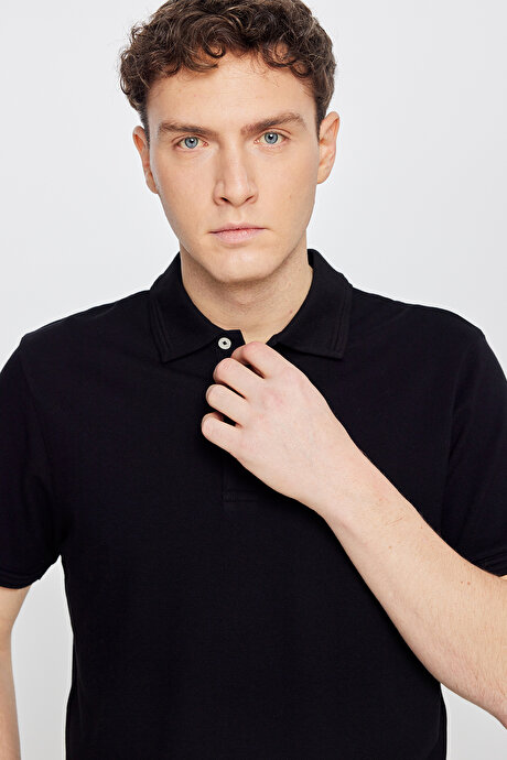 %100 Pamuk Slim Fit Dar Kesim Polo Yaka Siyah Tişört resmi