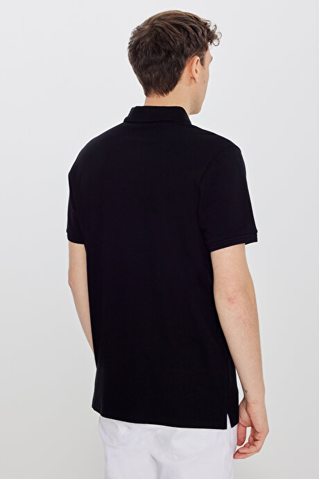 %100 Pamuk Slim Fit Dar Kesim Polo Yaka Siyah Tişört resmi
