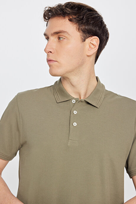 %100 Pamuk Slim Fit Dar Kesim Polo Yaka Yeşil Tişört resmi