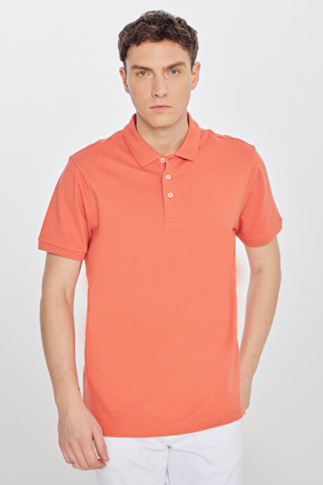 %100 Pamuk Slim Fit Dar Kesim Polo Yaka Mercan Tişört resmi