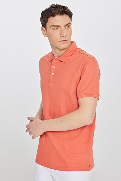 %100 Pamuk Slim Fit Dar Kesim Polo Yaka Mercan Tişört resmi