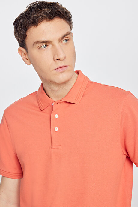 %100 Pamuk Slim Fit Dar Kesim Polo Yaka Mercan Tişört resmi