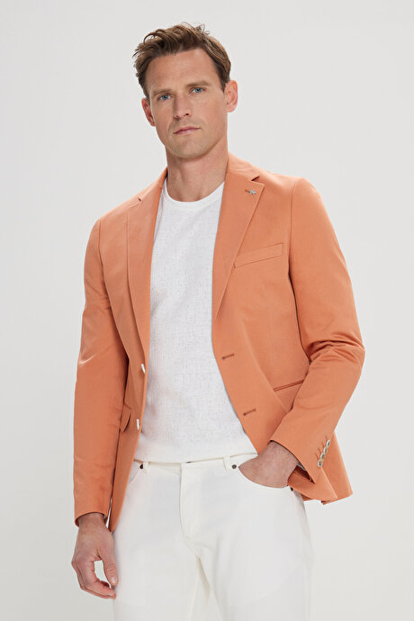 Pamuklu Slim Fit Dar Kesim Mono Yaka Kapak Cepli Somon Ceket resmi