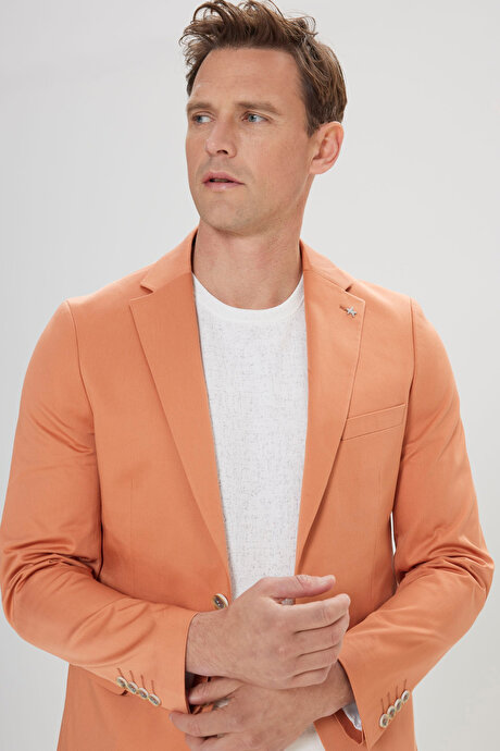 Pamuklu Slim Fit Dar Kesim Mono Yaka Kapak Cepli Somon Ceket resmi