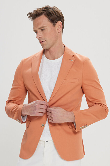 Pamuklu Slim Fit Dar Kesim Mono Yaka Kapak Cepli Somon Ceket resmi