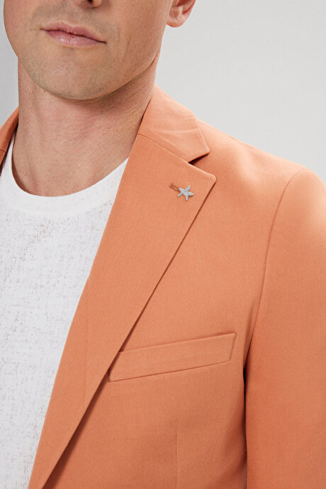 Pamuklu Slim Fit Dar Kesim Mono Yaka Kapak Cepli Somon Ceket resmi