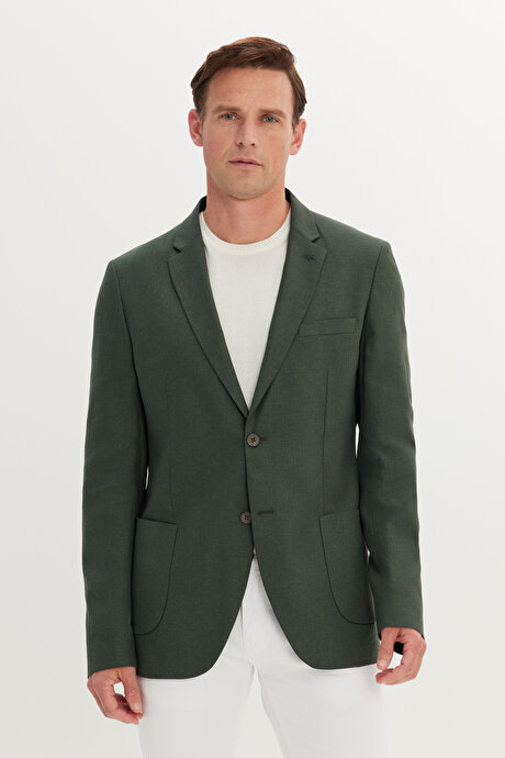 Keten Slim Fit Dar Kesim Mono Yaka Torba Cepli Haki Ceket resmi