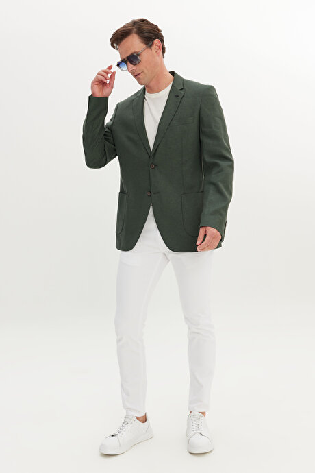 Keten Slim Fit Dar Kesim Mono Yaka Torba Cepli Haki Ceket resmi