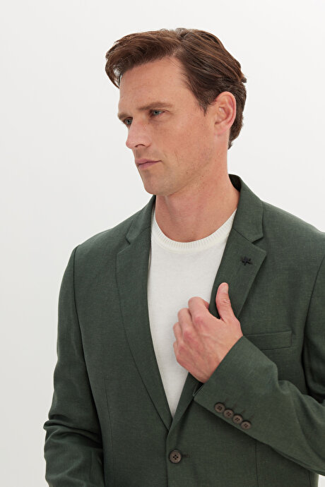 Keten Slim Fit Dar Kesim Mono Yaka Torba Cepli Haki Ceket resmi