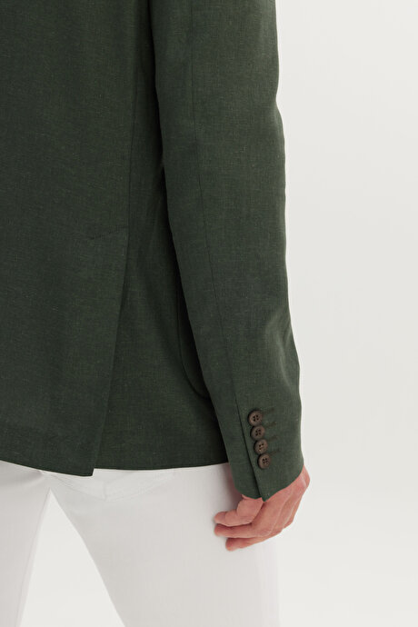 Keten Slim Fit Dar Kesim Mono Yaka Torba Cepli Haki Ceket resmi