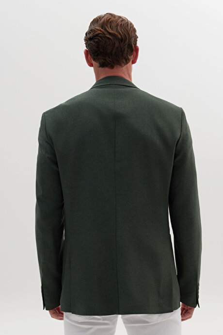 Keten Slim Fit Dar Kesim Mono Yaka Torba Cepli Haki Ceket resmi