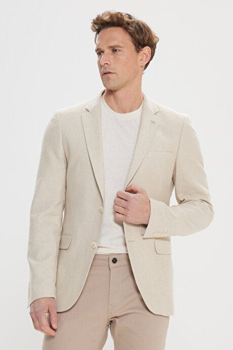 Pamuklu Slim Fit Dar Kesim Mono Yaka Kapak Cepli Desenli Esnek Bej Ceket resmi