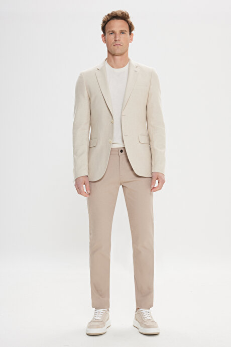 Pamuklu Slim Fit Dar Kesim Mono Yaka Kapak Cepli Desenli Esnek Bej Ceket resmi