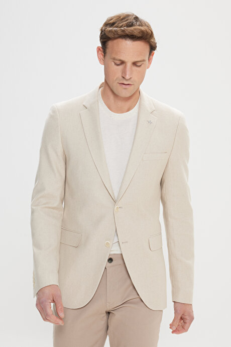 Pamuklu Slim Fit Dar Kesim Mono Yaka Kapak Cepli Desenli Esnek Bej Ceket resmi