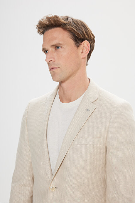 Pamuklu Slim Fit Dar Kesim Mono Yaka Kapak Cepli Desenli Esnek Bej Ceket resmi