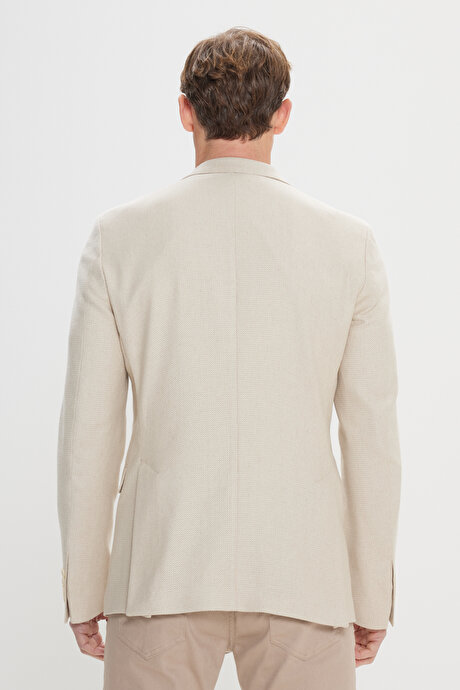 Pamuklu Slim Fit Dar Kesim Mono Yaka Kapak Cepli Desenli Esnek Bej Ceket resmi