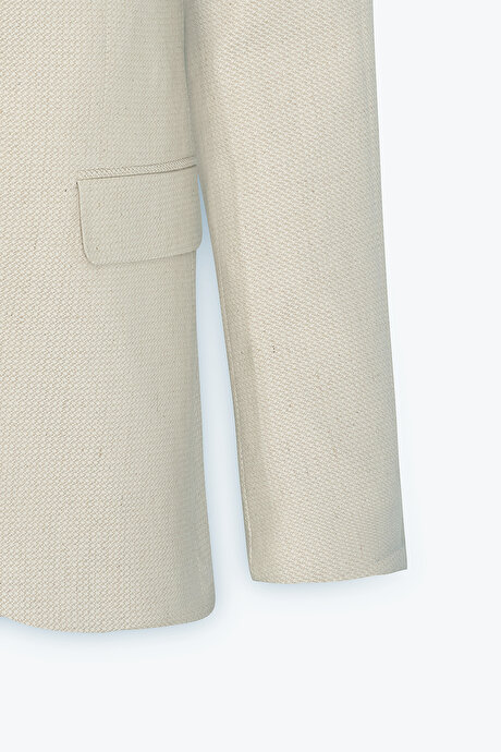 Pamuklu Slim Fit Dar Kesim Mono Yaka Kapak Cepli Desenli Esnek Bej Ceket resmi