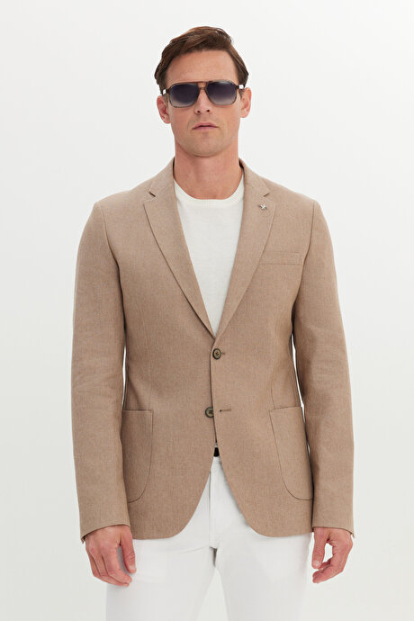 Pamuklu Keten Slim Fit Dar Kesim Mono Yaka Torba Cepli Vizon Ceket resmi