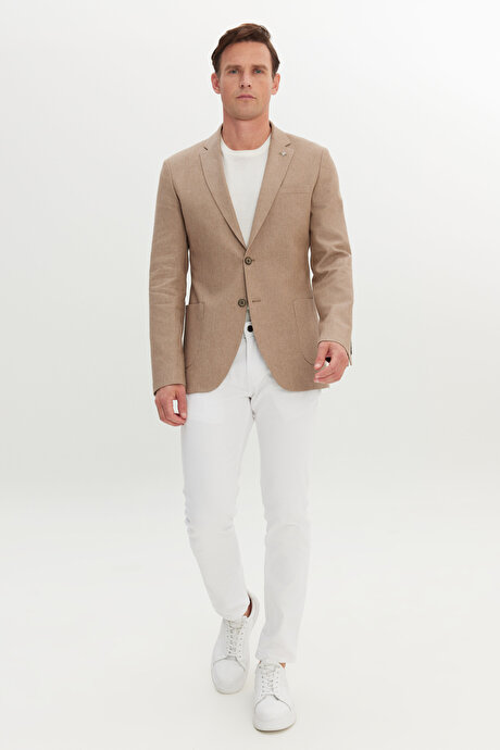 Pamuklu Keten Slim Fit Dar Kesim Mono Yaka Torba Cepli Vizon Ceket resmi
