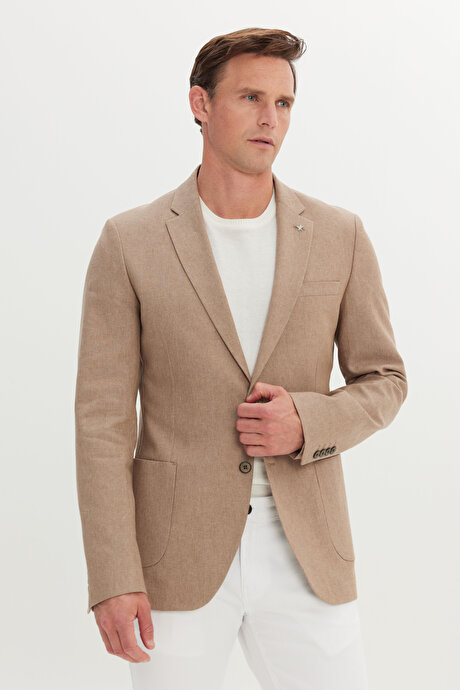 Pamuklu Keten Slim Fit Dar Kesim Mono Yaka Torba Cepli Vizon Ceket resmi