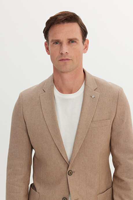 Pamuklu Keten Slim Fit Dar Kesim Mono Yaka Torba Cepli Vizon Ceket resmi