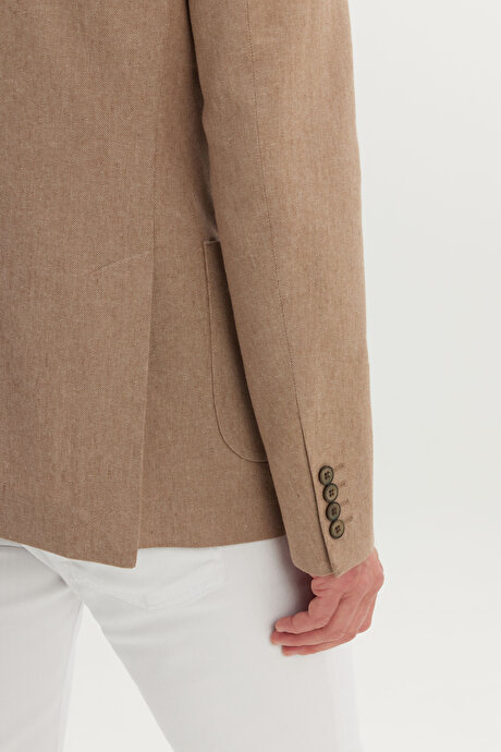 Pamuklu Keten Slim Fit Dar Kesim Mono Yaka Torba Cepli Vizon Ceket resmi