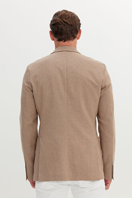 Pamuklu Keten Slim Fit Dar Kesim Mono Yaka Torba Cepli Vizon Ceket resmi