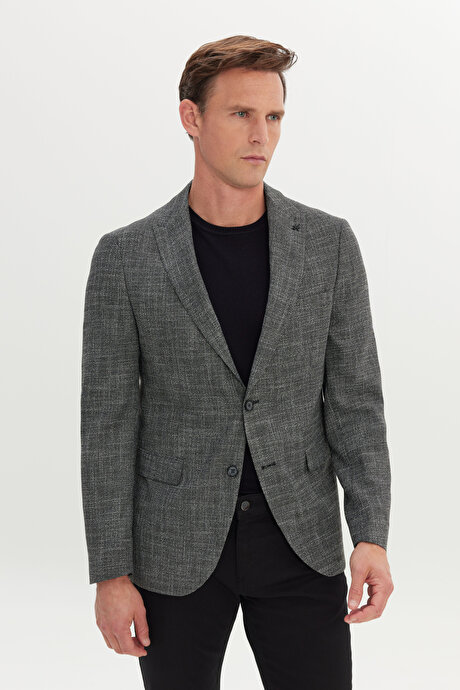 Slim Fit Dar Kesim Kırlangıç Yaka Desenli Blazer Siyah-Beyaz Ceket resmi